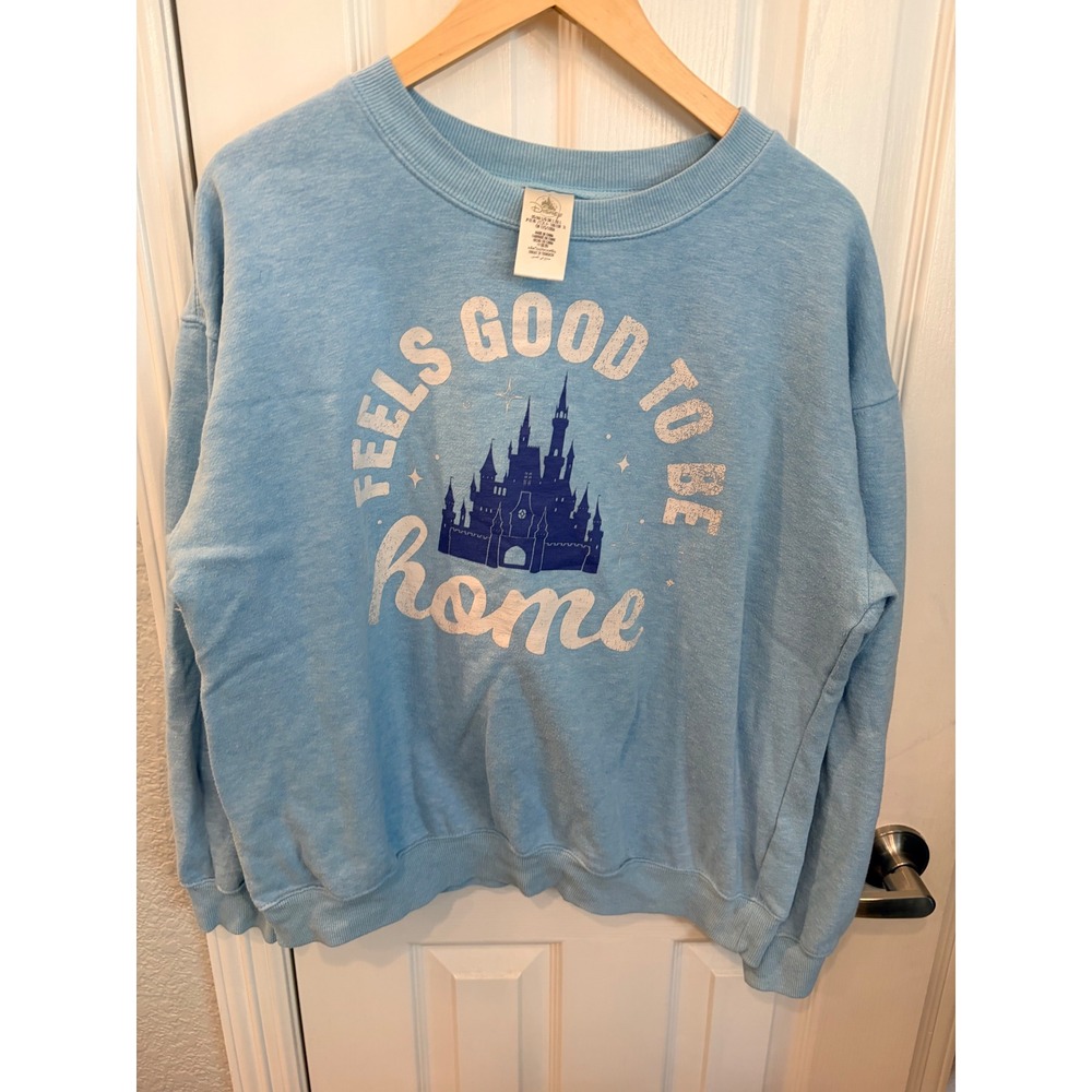 Disney Sweatshirt Blue Feels Good To Be Home Castle Graphic Pullover L